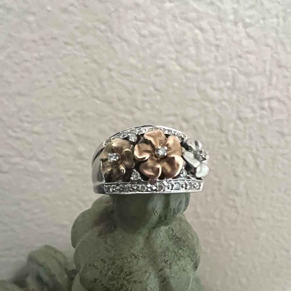 14k Tri Color Gold and Diamond Plumeria Ring